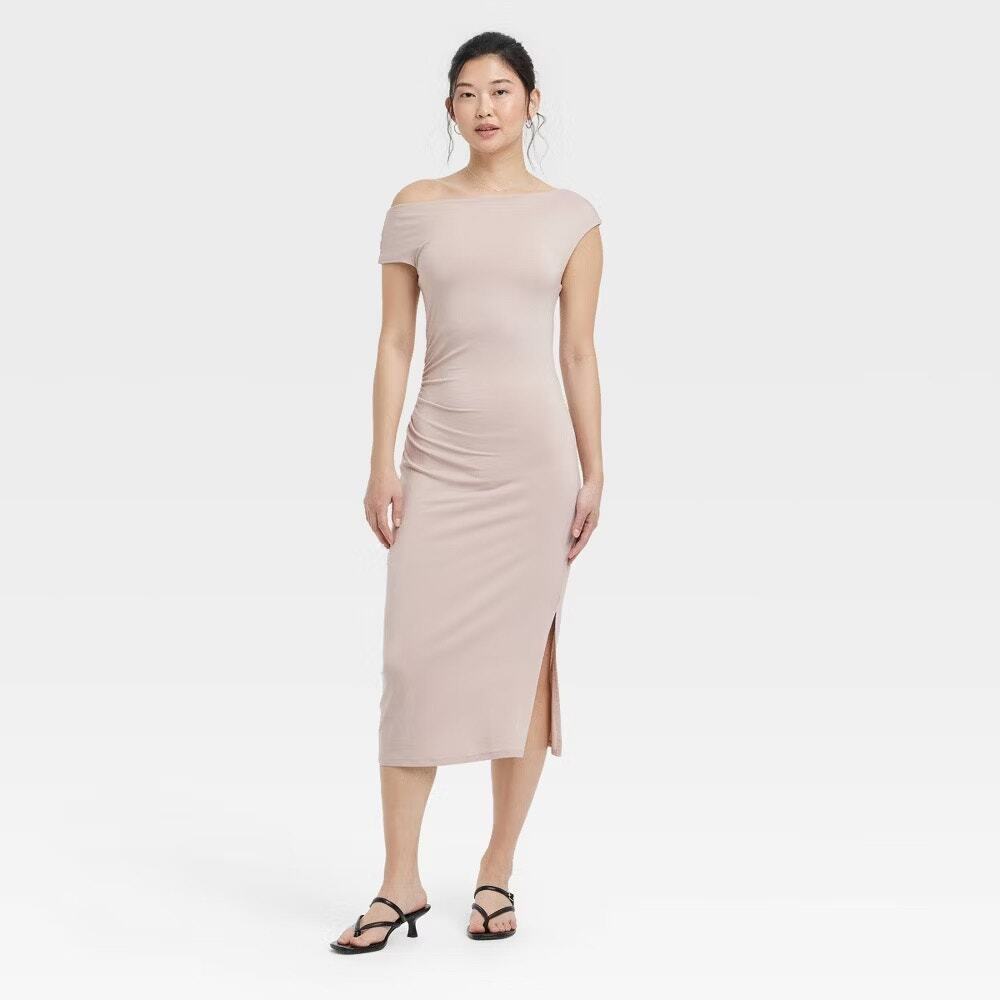 NWT knit midi dress‎ women's M minimalist cinched waist fitted side slit elegant